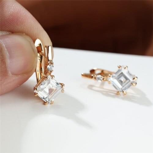 Geometric Square Small Stone Earrings White Zircon Purple Crystal Hoop Earrings Rose Gold Color Small Earrings For Women Wedding