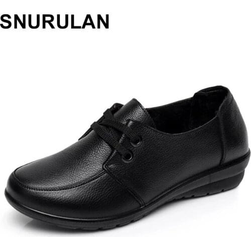 SNURULAN Women Genuine Leather Shoes Ladies Casual Non-slip Lace-up Leather Platform Shoes Moccasins Girls Black Loafers Flat