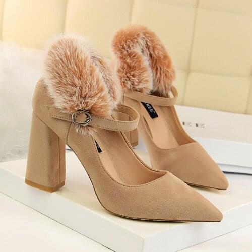 Women pumps Sexy Retro High 8.5CM Thick Heels Shoes 2108 New Woman Shoes Female Flock Word Band Shoes