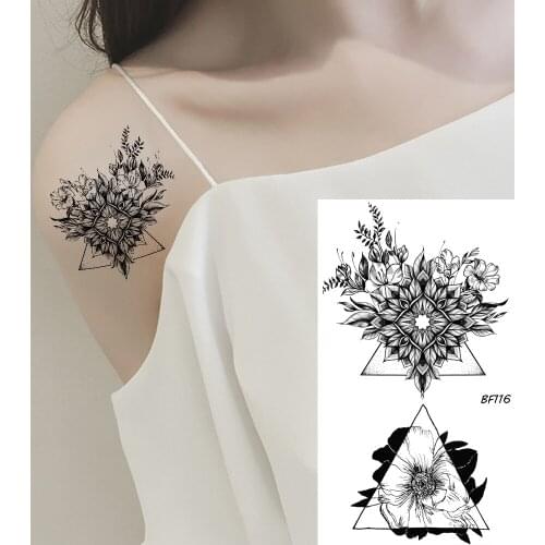 VANKIRS Arm Black Flower Triangle Waterproof Fake Tattoos Stickers Black Body Neck Art Tattoo Temporary Women Girls Custom Tatoo