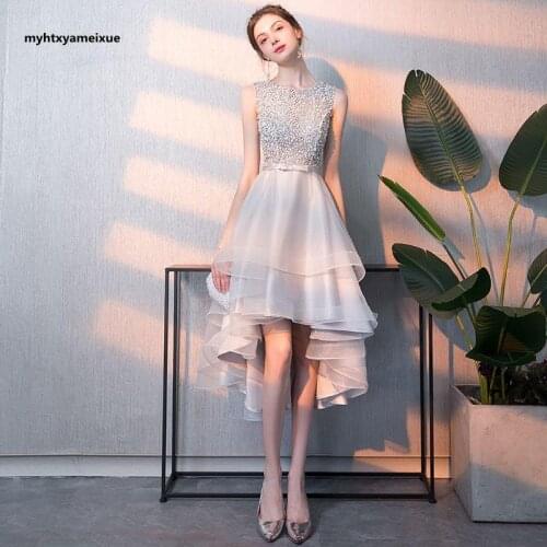 Silver gray temperament round neck gauze nail bead sexy back short style wedding ball evening dress Vestidos Elegantes