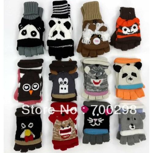 Cute Animal Knit Fingerless Gloves Mittens with Cover Flip Over Christmas Gift For School Girl Boy, Free Shipping