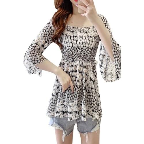 Womens Spring Summer Style Chiffon Blouses Shirt Womens Elegant Printed Ruffles Square Collar Casual Tops SP112