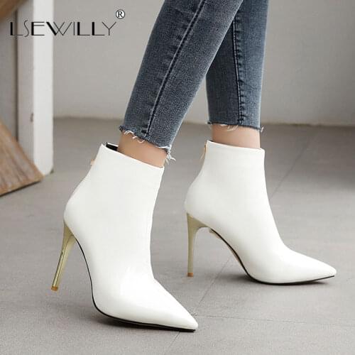 Lsewilly 2021 Pointed Toe Zipper Women Shoes Autumn Winter Spike High Heel Ankle Boots PU Leather Fashion Women Boots Size 48