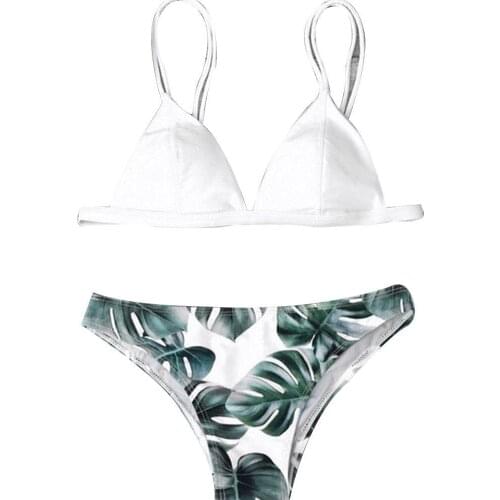2Pcs Women Summer Sexy Leaves Print Padded Bra Briefs Bikini Set Beach Swimwear Swimming Beachwear for Bathing Suit