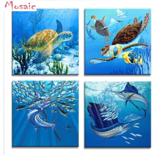 5D DIY Diamond Painting Cross Stitch Full Diamond Embroidery 4Pcs Turtle And Tuna In The Blue Underwater World Diamond Mosaic