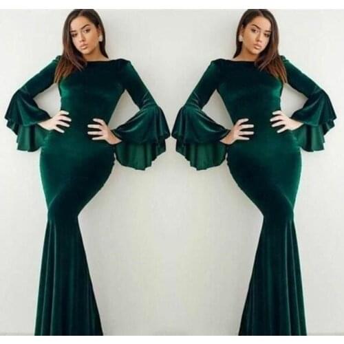 Velvet Dark Green Evening Dress Elegant Arabic Dubai Flare Long Sleeves Women Wear Formal Party Prom Gown vestidos de festa