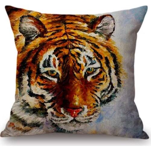 Animal Oil Painting Decorative Sofa Throw Pillow Case Watercolor Tiger Cat Leopard Dog Decoration Art Cotton Linen Cushion Cover