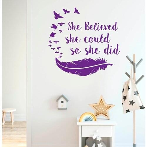 Kids Room Inspiration Wall Sticker She Believed She Could So She Did Quote Vinyl Murals Feather Flying Birds Wall Decal AZ863