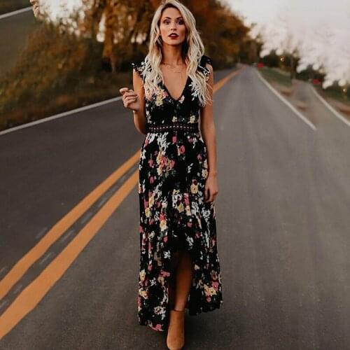 Women Summer Bohemian Floral Print Maxi Dresses Lady Hollow Out Irregular Party Dress Sexy Deep V-Neck Backless Long Dress