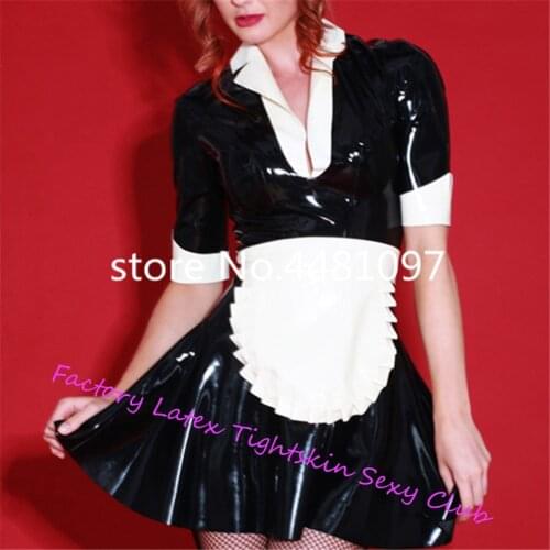 Maid Sexy Costume Latex Dress Back Zip Sexy Costumes Rubber Uniform Skirt and Apron for Women plus size costume