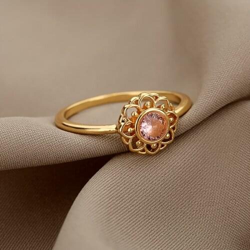 Flower Opal Ring For Women Fashion Pink Cat Opal Rings Hollow Carving Jewelry Gift Bijoux Femme