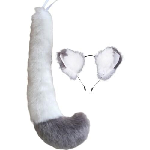 Anime Cat Wolf Cosplay Contrast Color Plush Ears Bandana Animal Tail Costume Set