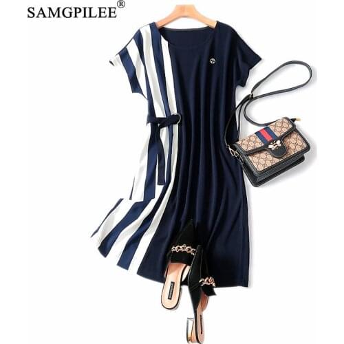 Summer Dress 2020 Casual Summer Clothes For Women A-line Striped Short Dresses Sashes Knee-length O-neck Dresses For Women 3xl