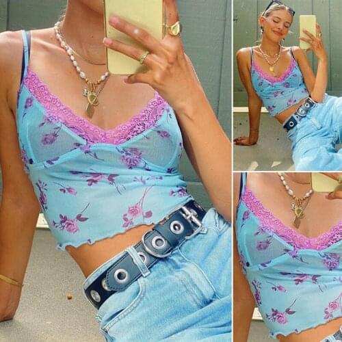 Hot kf-Womens Sling V-Neck Sexy Fashion Crop Tops Blue