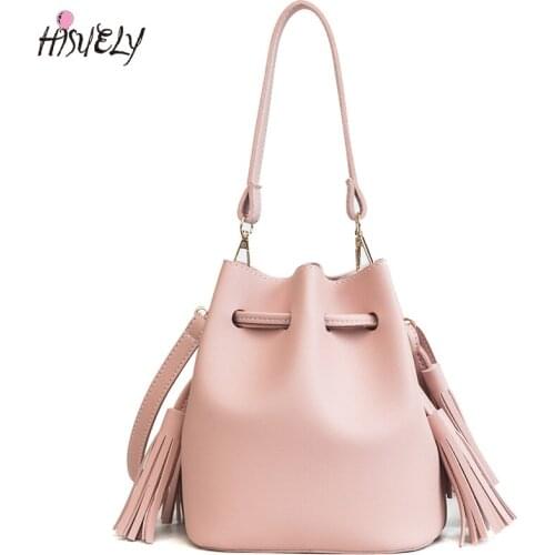 HISUELY Hot Sale New Women PU Leather Handbags Tassel Fashion Designer Black Bucket Vintage Shoulder Bags Women Messenger Bag