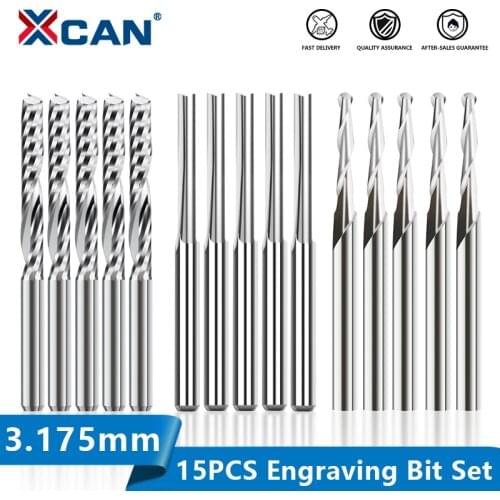 XCAN End Mill Engraving Bits Set 15pcs CNC Router Bits For Woodworking Acrylic Cutting 3.175/2mm Shank Carbide Milling Cutter