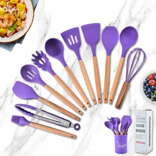 JANKNG Silicone Cooking Utensils Set Non-Stick Spatula Shovel Wooden Handle Cooking Tools With Storage Kitchen Tool Accessories