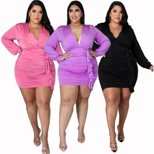 Autumn Pleated Dresses for Plus Size Woman Bodycon Sexy V-neck Long Sleeve Skinny Ruffle Elegant Party Dress Outfits 2021