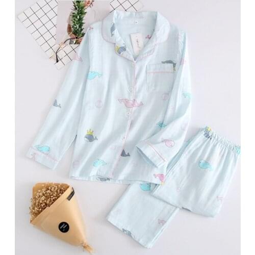 Autumn 100% Cotton Double Gauze Long-sleeved Pajamas Suit Cartoon Cute Dolphin Sleepwear Trousers Pyjamas Women Pijamas Pj Set
