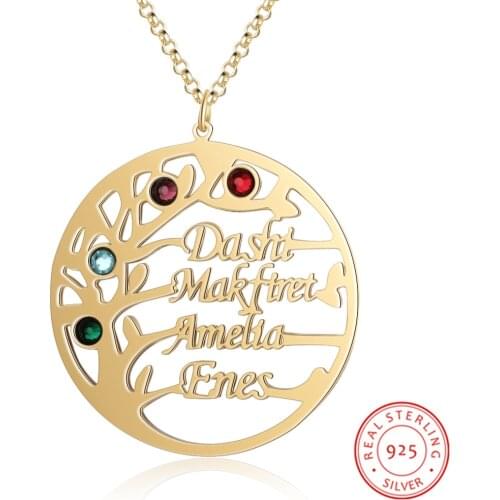 Personalized Name Necklace 925 Sterling Sliver Tree Pendant Customized 4 Names Birthstones Delicated Anniversary Gift for Women