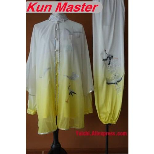 Custom Tai Chi Performance Uniform Crane Embroidery Unisex Martial Art Clothing For Kung Fu White Yellow Gradual Change Color