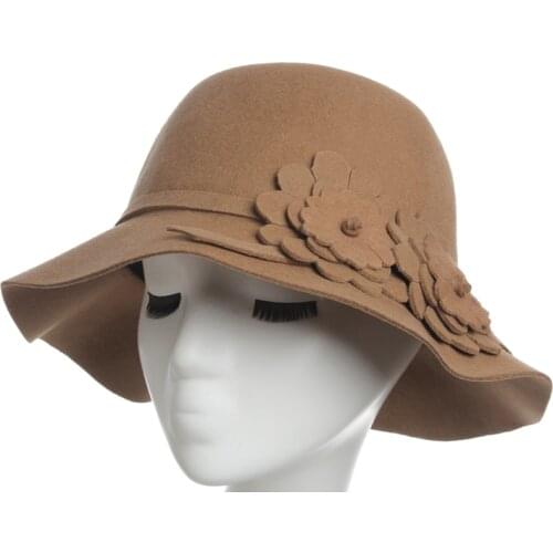 Wool Women Flower Fedora Wool Winter Autumn Soft Wide Brim Female Fedora Pure colour Fedora caps Feminino Felt Bowler