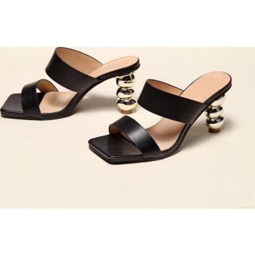 2021 Summer Fashion Modern Sandals Women Solid Leather Strap Clear Strange Heel Open Square Heel Sexy Dress Wedding Shoes Female