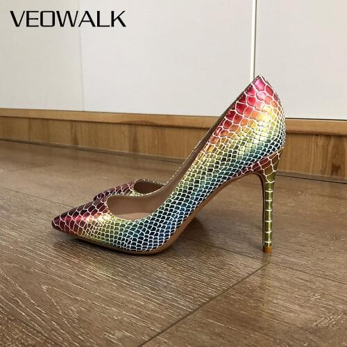 Veowalk Colorful Croc-Effect Women Sexy Pointed Toe Stiletto Pumps 8cm 10cm 12cm High Heel Slip On Party Shoes Plus Size 33-45