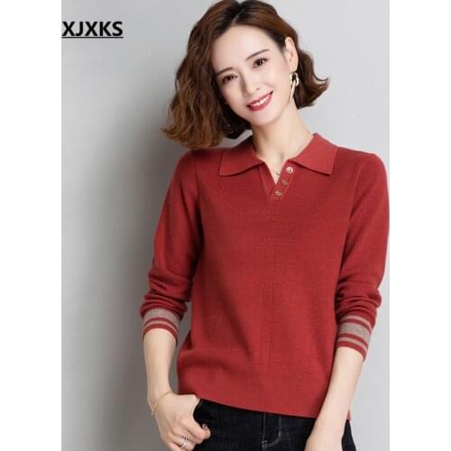 XJXKS 2021 spring autumn new fashion lapel women sweater high quality wool knitted sweater women pullover