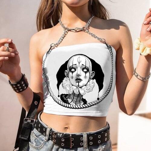 Y2K Punk Chain White Camis Mall Goth Print Sexy Bodycon Backless Camisole Streetwear Hip Hop Women Summer Cropped Tops
