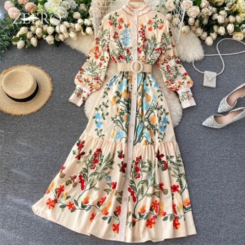 Spring Summer Women Half High Collar Lantern Sleeve Single-breasted Printing Midi Dress Female Slim Pleated Palace Wind Dresses