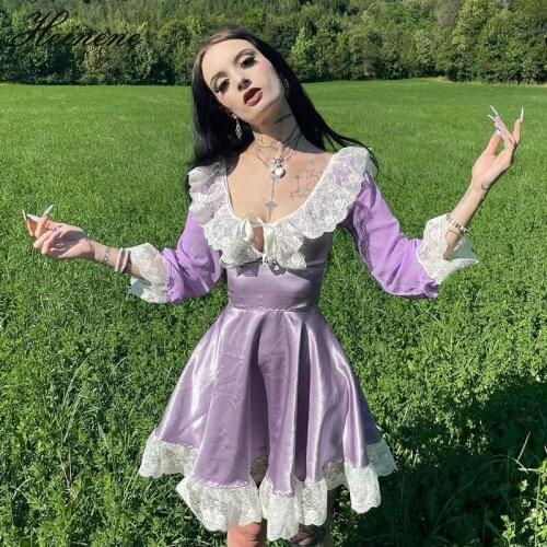 Heinene Y2K Gothic Summer Womens Sexy Dresses Harajuku Bandage Lolita High Waist Mini Dress Lace Patchwork Elegant Party Dress