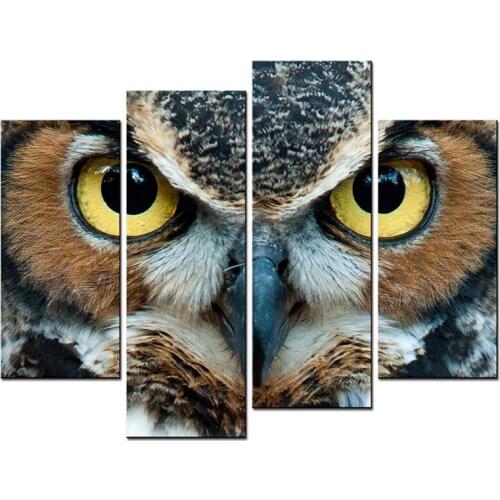 4 Panels Unframed Canvas Photo Prints Close-up of Owl Head Wall Art Picture Canvas Paintings Wall Decorations