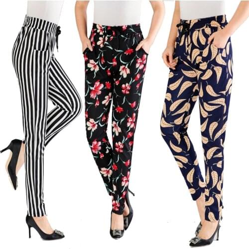 Womens pants 2020 summer New grandmother Flower pants Woman High waist Ice silk Elasticity Trousers Printed Elastic Waist pants
