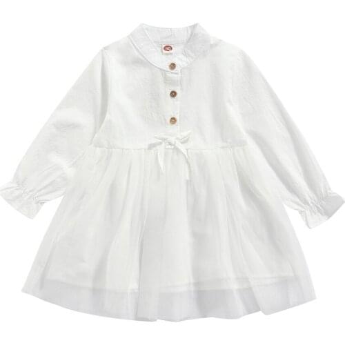 Kids Baby Girls Long-sleeved Dress with Bow Decoration, Mesh Stitching Elastic Band Spring and Summer Clothing 2-6T