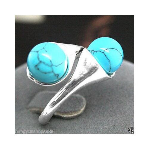 PRETTY Blue Turquoise/Green Jade BEAD GEMS 925 STERLING SILVER RING SIZE 6-9