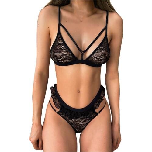 Sexy Lingerie Bra Set Black Teddy Sexy Embroidery Hollow Lingerie Summer 2021 Solid Color Eyelash Lace Costumes Underwear