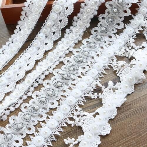 5CM 1 yards Pearl Flower Leaf Handmade Beaded Embroidered Lace Trim Ribbon Applique Wedding DIY Garment Sewing Accessories
