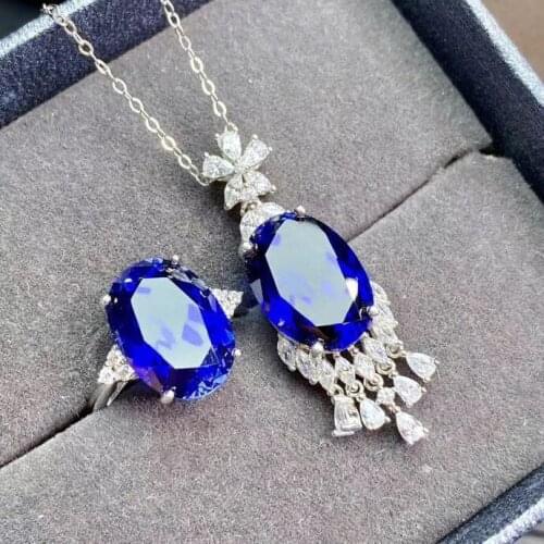 The best gift for engagement Sapphire jewelry set Natural Real Sapphire 925 sterling silver 1pc pendant,1pc ring