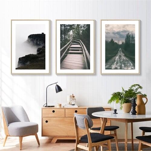 Scandinavian Nature Landscape Wall Art Poster Foggy Mountain Forest Canvas Painting Nordic Minimalism Living Room Home Decor