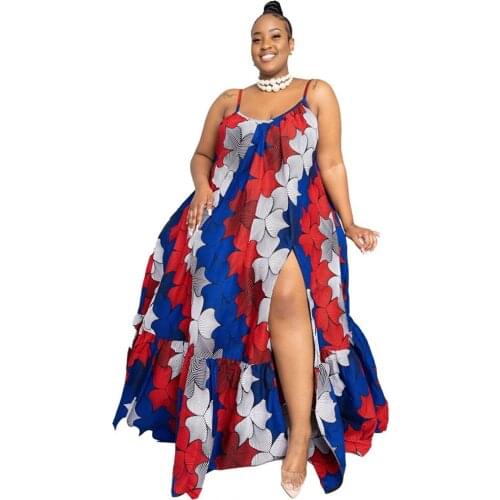 New Arrivals Women Plus Size Multicolor Printing Bohemian Dresses 2021 Summer New Sexy Spaghetti Strap Split Sleeveless Dress