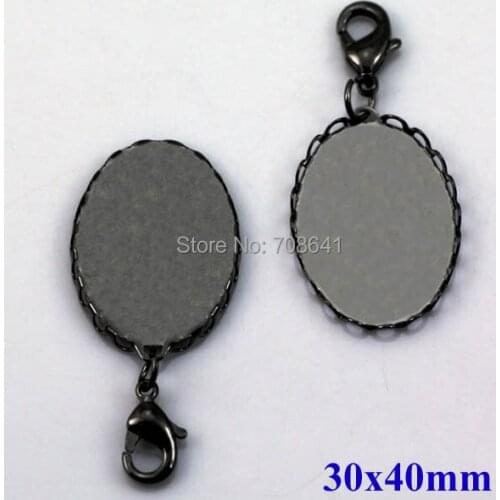 30x40mm New Gunmetal Black Plated Blank Oval Hollow Lace Bezel tray Cabochon Bases w/ Lobster Clasps Pendant Setting Findings