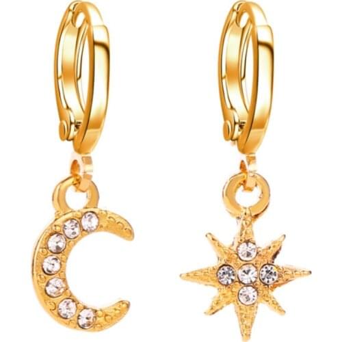 New Luxurious Asymmetrical Star and Moon Earrings Female Fashion Korean Version of Diamond Earrings