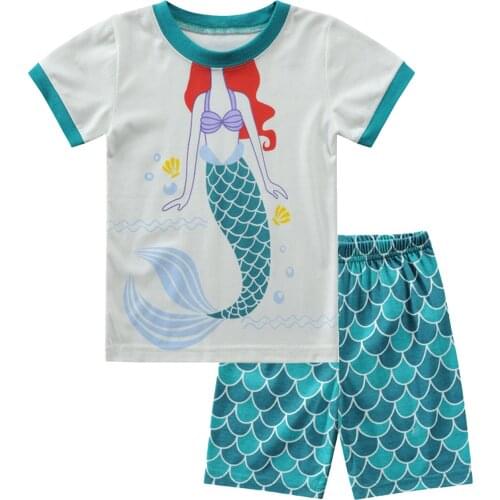 Oyolan Pajamas for Girls Short Sets Kids Cotton Mermaid Pattern Sleepwear Toddler Pjs Summer Clothes Shirts Children Nightwear
