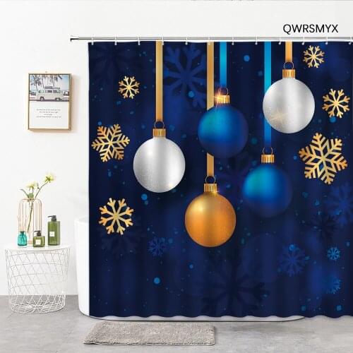 Happy Christmas Color Rope Ball Shower Curtains Blue Background Bath Curtain Home Decor Background Wall Cloth Bathroom Products