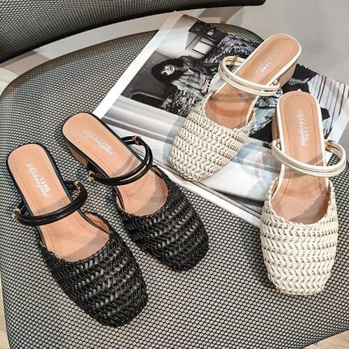 Square Toe wood heels weave sandals women lazy mules thick heels summer shoes woman two ways slip on sandalias femme slippers