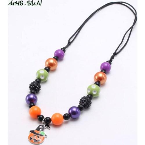 MHS.SUN Halloween party kids beads necklace cute pumpkin pendant girls adjustable rope necklace for baby girls festival jewelry