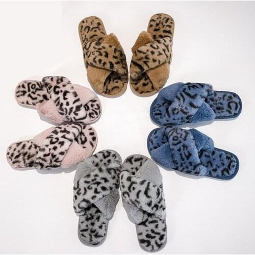 Women Shoes 2020 Autumn New Open Toe Leopard Cross Female Slippers Fashion Indoor Home Slippers Warm Non-slip Fur Slippers Women