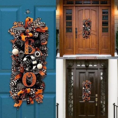 Boo Pattern Halloween Wreath Decorative Fabric Porch Sign Door Wreath Garden Ornament